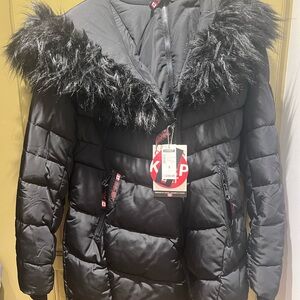 NEW Canada Weather Gear, Black & Natural Faux-Fur Coat, S